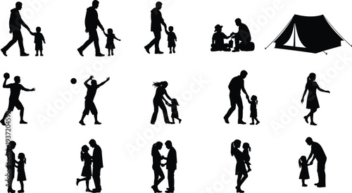 Family silhouette collection, parent child interaction, outdoor camping vector illustration, bonding artwork design, tent icon set, playful activity graphic
