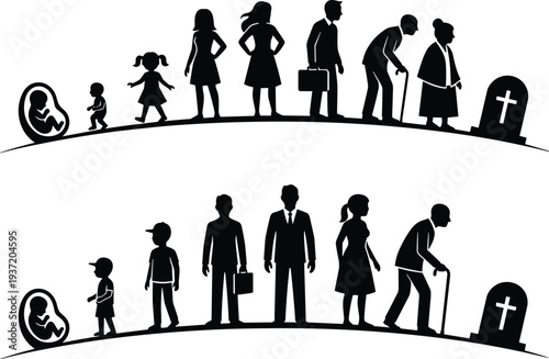 Human life cycle silhouette illustration, fetus to old age, male female stages, aging process, mortality concept, timeline, evolution, arc sequence