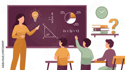 Teacher explaining mathematics on a blackboard to students in a classroom