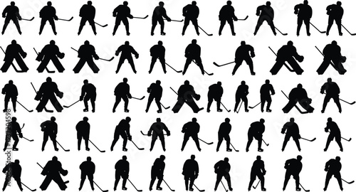 Hockey player silhouettes, ice hockey action poses, skaters and goalies, sports vector illustration, black silhouettes, hockey stick, helmet gear
