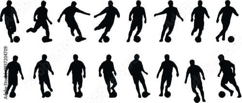 Soccer player silhouettes, football action poses, dribbling kicking running, vector sports illustration, athletic movement design, dynamic ball control, stock artwork