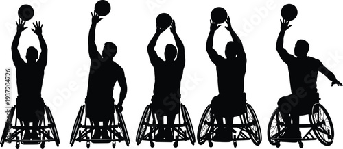 Wheelchair basketball silhouettes, adaptive sports athletes, inclusive basketball players, disabled athletes shooting ball, diversity in sports, accessibility, teamwork, competition, empowerment