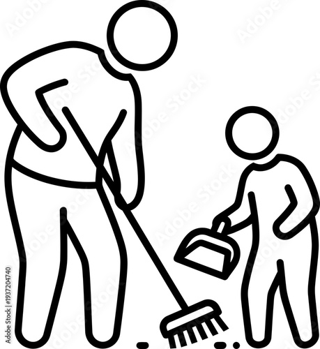 Man and child sweeping dirt with broom and dustpan. Father teaching son chore or responsibility concept, line icon for app and web design