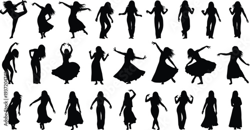 Women dance silhouette illustration, ballet contemporary traditional poses, expressive movement, artistic choreography, graceful posture, performance art, cultural dance, dynamic motion