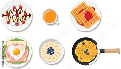 Cute Healthy Breakfast Icons Set with Fried Eggs Vegetables Tomatoes Cucumbers Carrots Berries Waffles Toast Plates for Cafe Menu App Website Kids Design Vector Graphics