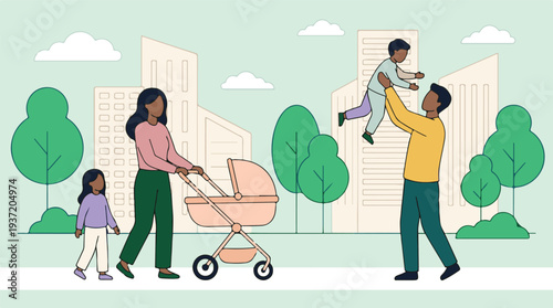 Happy family enjoying a walk and playtime in an urban park