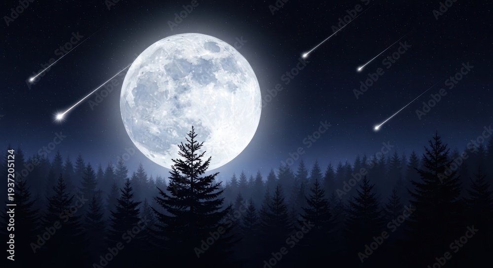 Fototapeta premium Night sky scene with full moon and shooting stars over a silhouetted forest