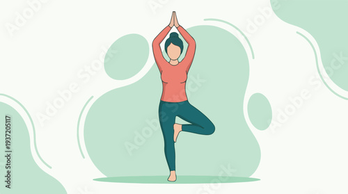 Woman practicing yoga in Tree Pose with hands in prayer position illustration