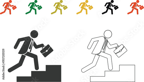 A collection of stick figure illustrations depicting people climbing stairs with briefcases and bags in various colors and styles