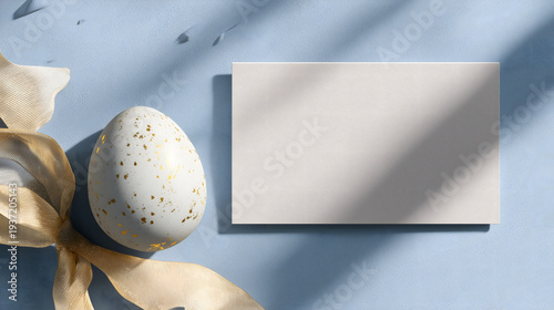 A white Easter egg gold speckles and a ribbon next to a blank card on a light blue background