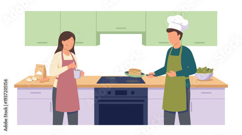 Couple cooking pancakes and preparing ingredients in a modern kitchen