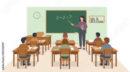 School Teacher Explaining Arithmetic to Children in Classroom