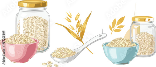 Healthy Oatmeal and Cereal Grains Set with Glass Jars, Ceramic Bowls, Spoons, and Wheat Ears for Breakfast Food and Organic Nutrition Designs