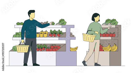 People shopping for fresh fruits and vegetables in a grocery store