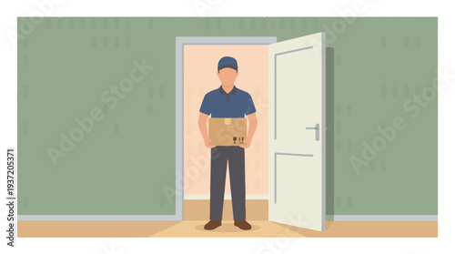 Delivery person holding a package in an open doorway for home delivery