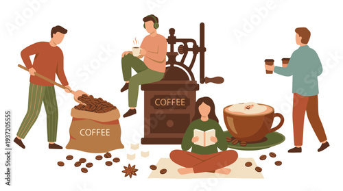 People enjoying and preparing coffee: grinding, brewing, reading, drinking