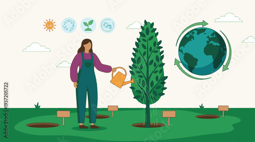 Woman watering a planted tree in a field, promoting global sustainability