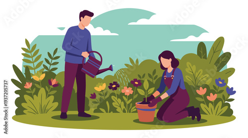Couple gardening illustration: man watering, woman planting flowers.