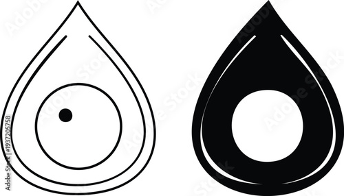 Black and white teardrop shapes with concentric circles and