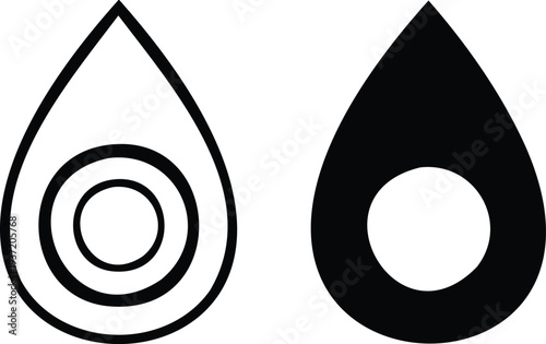 Black and white teardrop shapes with concentric circles and 1