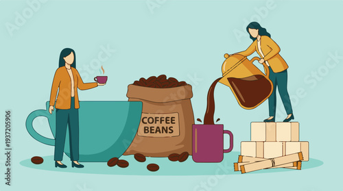 Coffee preparation and enjoyment with women, beans, and sugar illustration