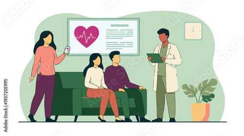 Doctor discusses medical results with couple and patient in clinic