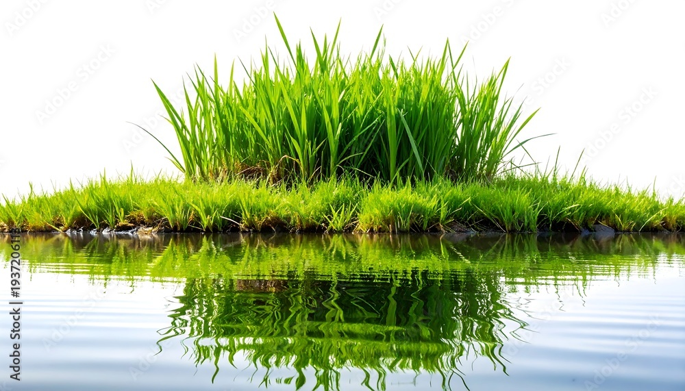Obraz premium Lush green grass island floating on calm reflective water creating peaceful natural scene
