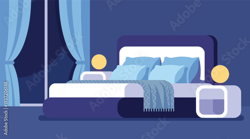 Relaxing bedroom illustration showing a blue bed, nightstand lamp, window curtains, and soothing décor from a calm interior viewpoint – 9.eps style