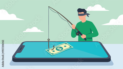 Blindfolded person fishing for money on smartphone screen, symbolizing phishing.