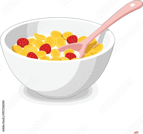 Cute Breakfast Cereal Bowl with Yellow Cornflakes, Fresh Raspberries, Milk and Pink Spoon Vector Illustration for Healthy Morning, Food Blog, Menu, Kids Design and Nutrition Graphics