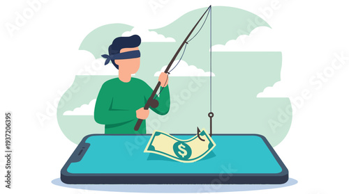 Blindfolded person fishing for money on a smartphone, online scam concept