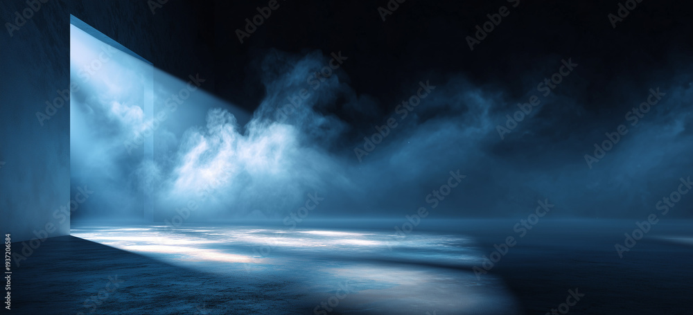 Fototapeta premium abstract blue spotlight on a dark background, with smoke and fog in a modern studio room with a concrete floor.