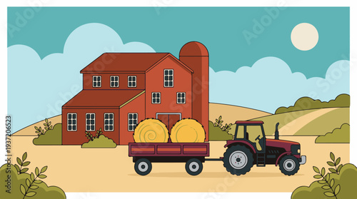 Rural farm landscape with barn, silo, and tractor hauling hay bales