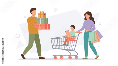 Family shopping for gifts with child in cart and shopping bags