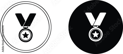 Black and white medal with star and ribbon on circular backgrounds