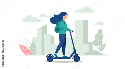 Young woman riding electric scooter with backpack in urban landscape