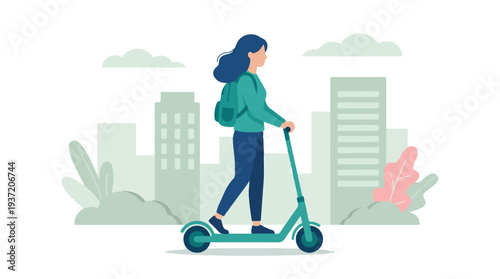 Woman Riding Electric Scooter in City with Backpack