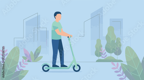 Man Riding Electric Scooter in City Park with Buildings and Plants