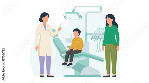 Pediatric dental visit: doctor, child patient, and parent in a clinic.