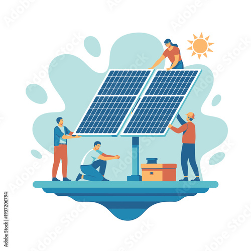 Vector illustration of people installing solar panel