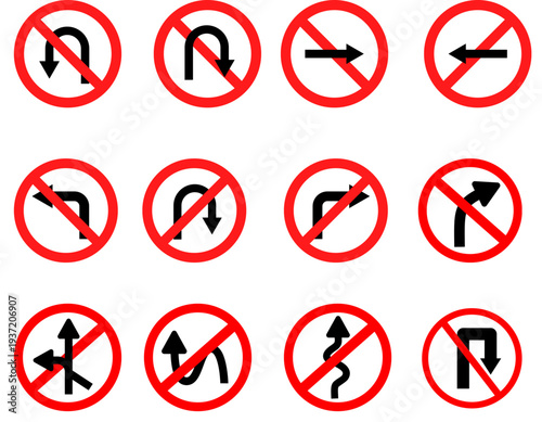 Collection of twelve red circular prohibition signs with black arrows indicating various disallowed road movements and turns.