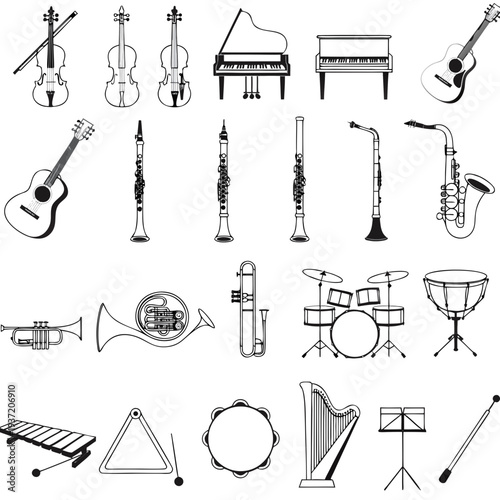 Various musical instruments illustrated in black and white style  