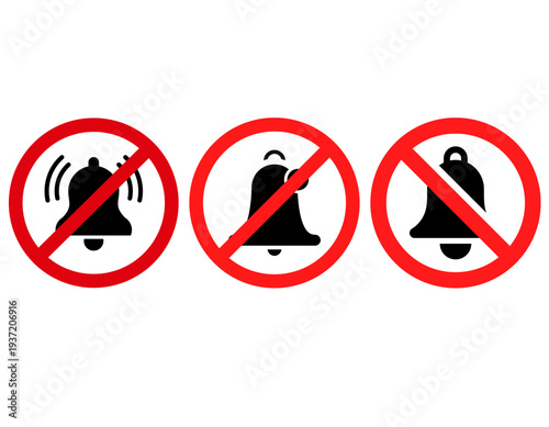 Three distinct 'no notifications' or 'silent mode' bell icons with red prohibition signs on a clean white background.