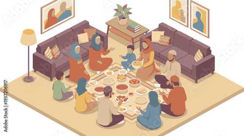 Muslim family enjoying a traditional meal together at home, isometric view
