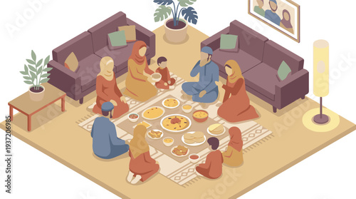 Multi-generational Muslim family sharing a traditional meal at home