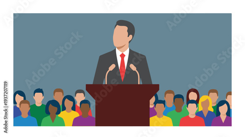 Speaker at a podium addressing a diverse audience, public speech illustration