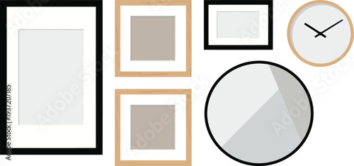Displaying digital frames with black borders, orange and a white rectangle alongside a clock with black hands on a white backdrop, layout view
