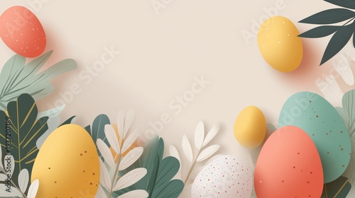 Stylish Easter banner with pastel eggs and botanical leaves on soft beige background with copy space for seasonal greetings and promotions
