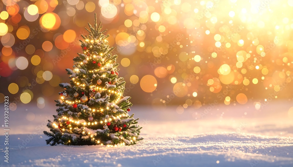 Obraz premium Lit evergreen tree on snow with glowing orbs in background, basking in warm, golden light