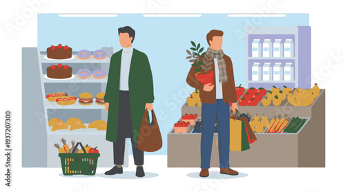 Two men shopping for groceries and baked goods in a supermarket